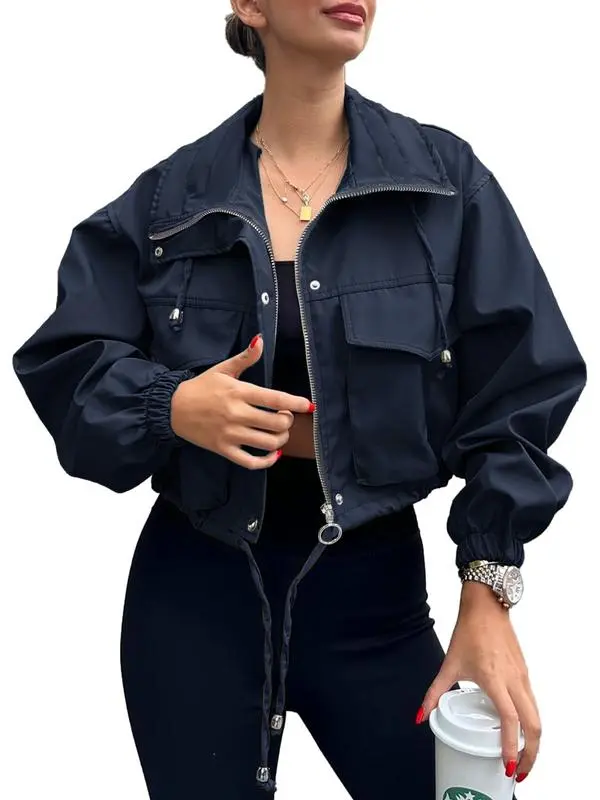 Women's Solid Zip Up Drawstring Hem Jacket, Casual Long Sleeve Collared Outerwear