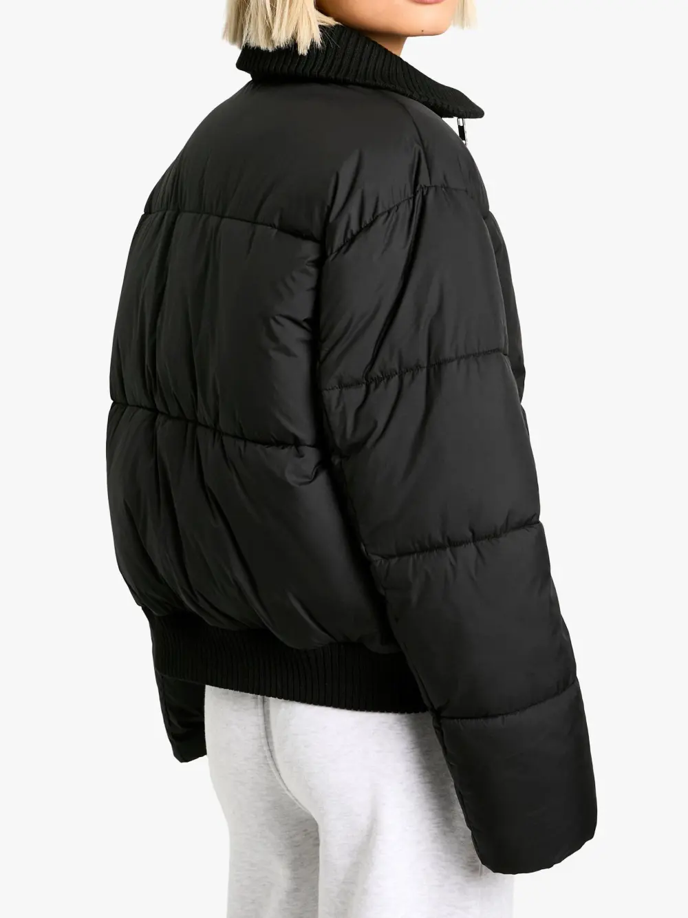 BLACK RIB DETAIL PUFFER JACKET