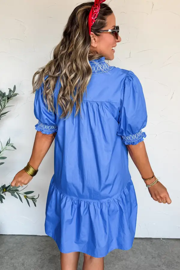 Embroidered V Neck Smocked Mini Dress