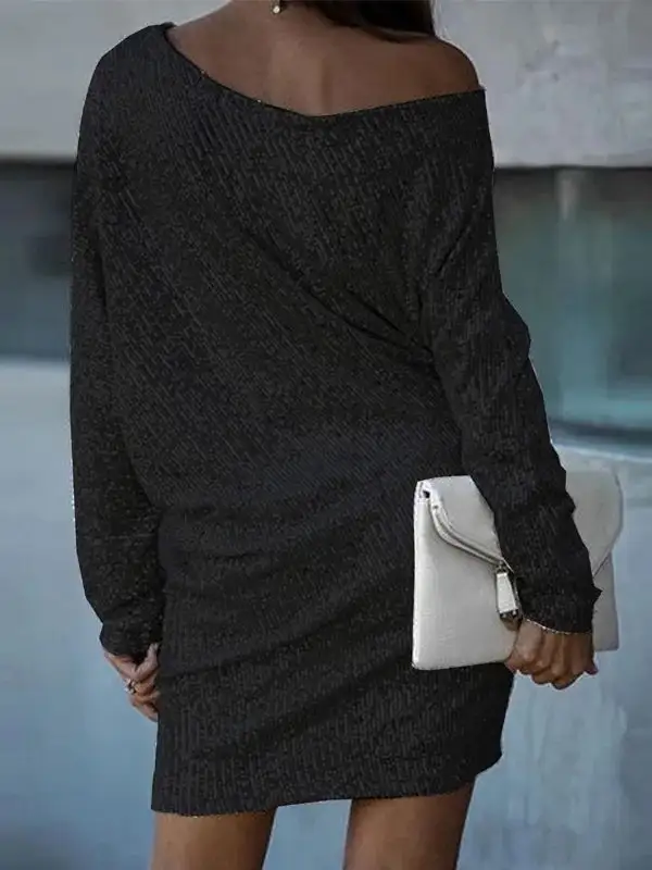 A Line Relaxed Asymmetric Sequined Solid Color One Shoulder Mini Dress