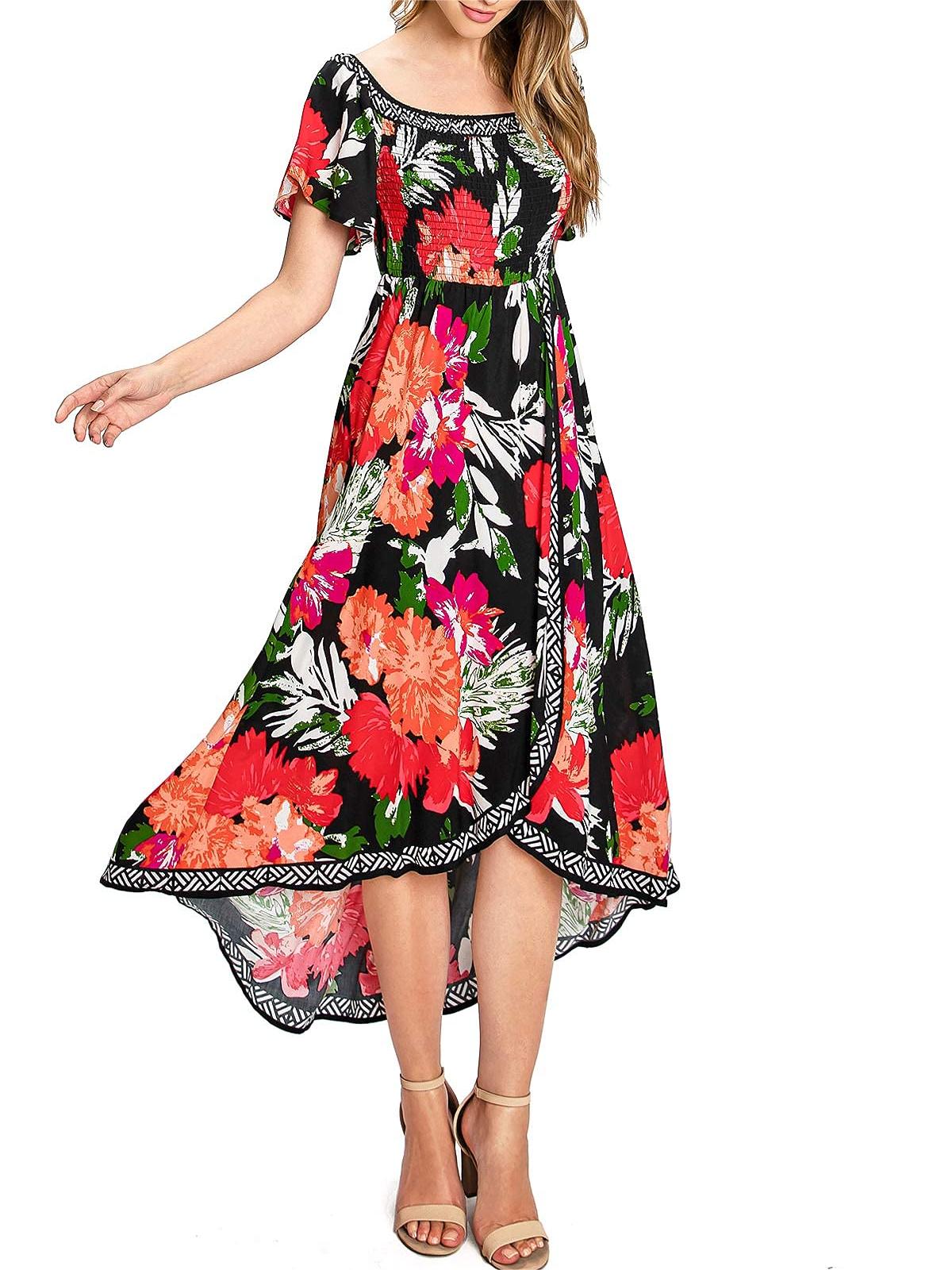 Black and Red Floral Off - Shoulder Dress