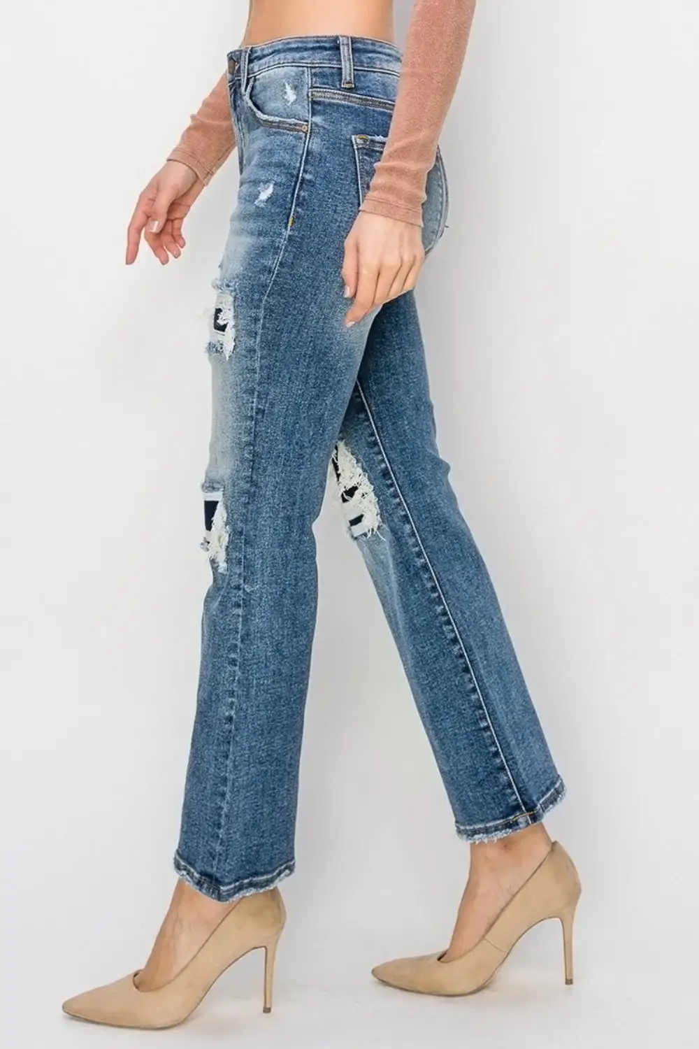 Smooth High Waist Flare Leg Distressed Denim Jeans