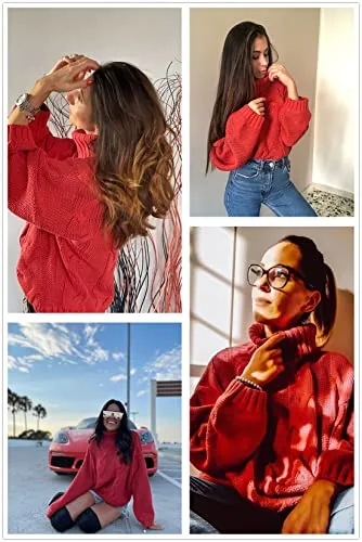 Womens 2025 Winter Fall Solid Turtleneck High Neck BalloonLong Sleeve Sweaters Pullover Outerwear