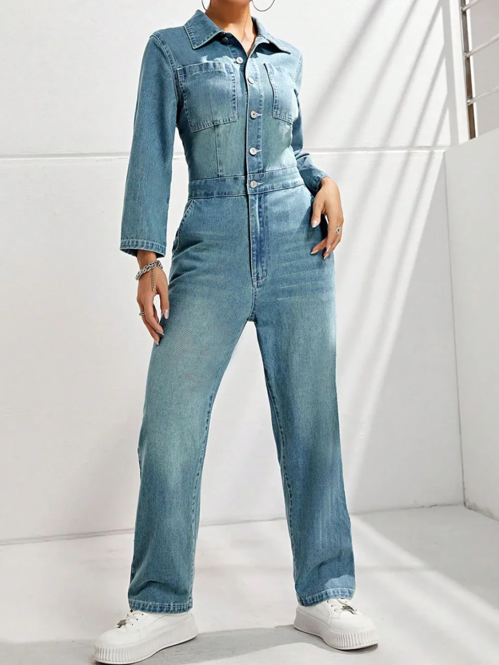 Half Button Long Sleeve Straight Leg Denim Pants