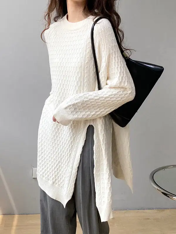 Asymmetric Split Hem Round Neck Long Sleeve Knit Top