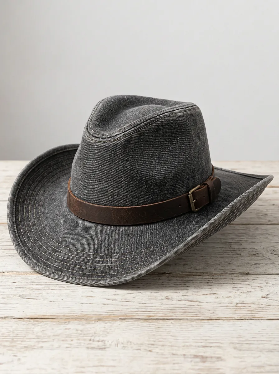 Men's Cowboy Hat with Leather Look Wide Brim Curved Brim Detail