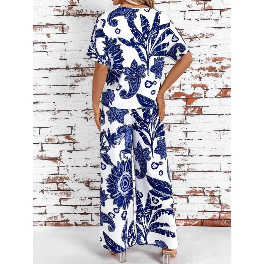 Printed V Neck Top and Wide Leg Pants Set