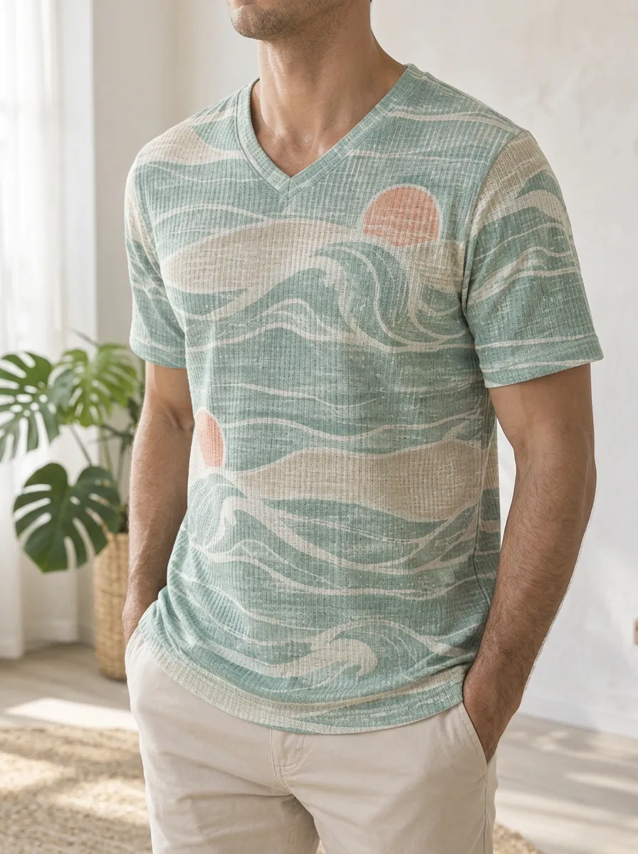 Men's Artful Beach Lover Ocean Wave Sunset V-Neck T-Shirt