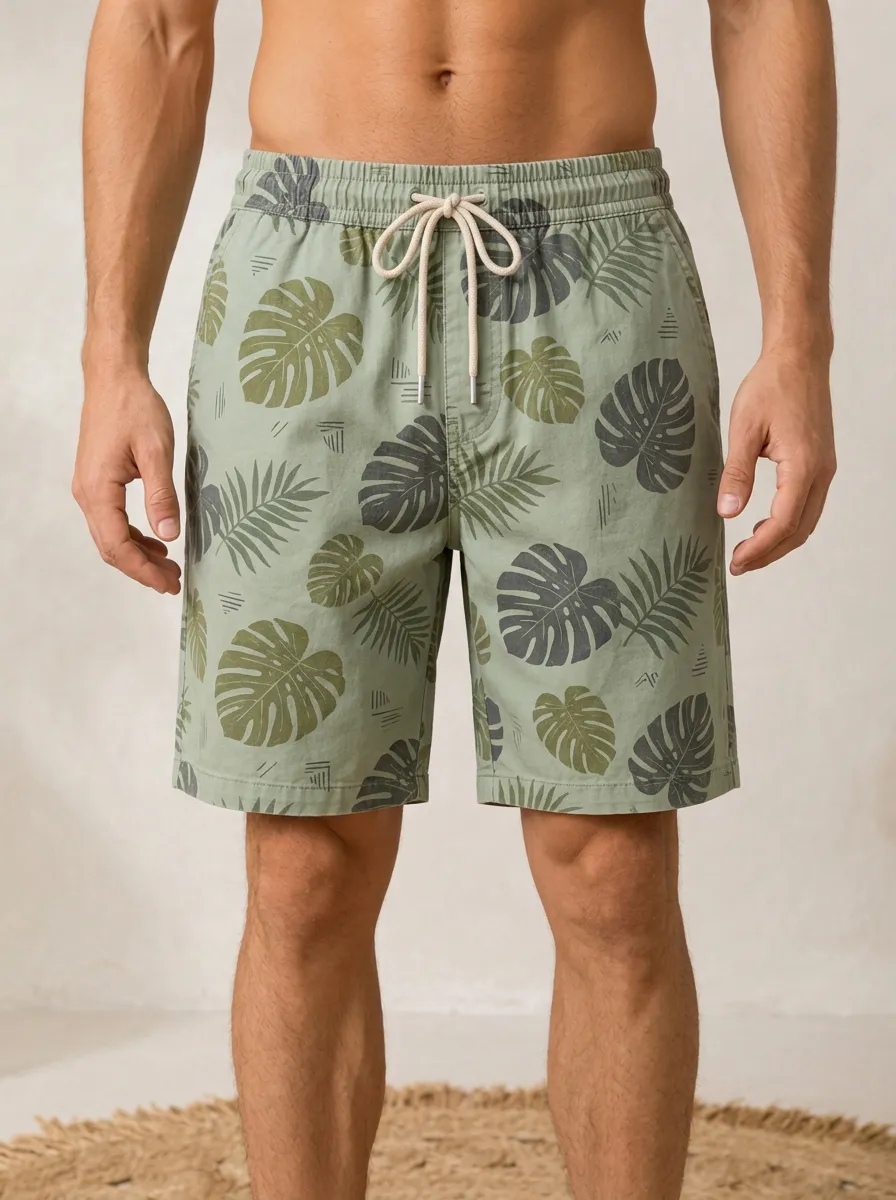 Men's Vacation Print Tropical Summer Vacation Monstera Leaf Printed Shorts