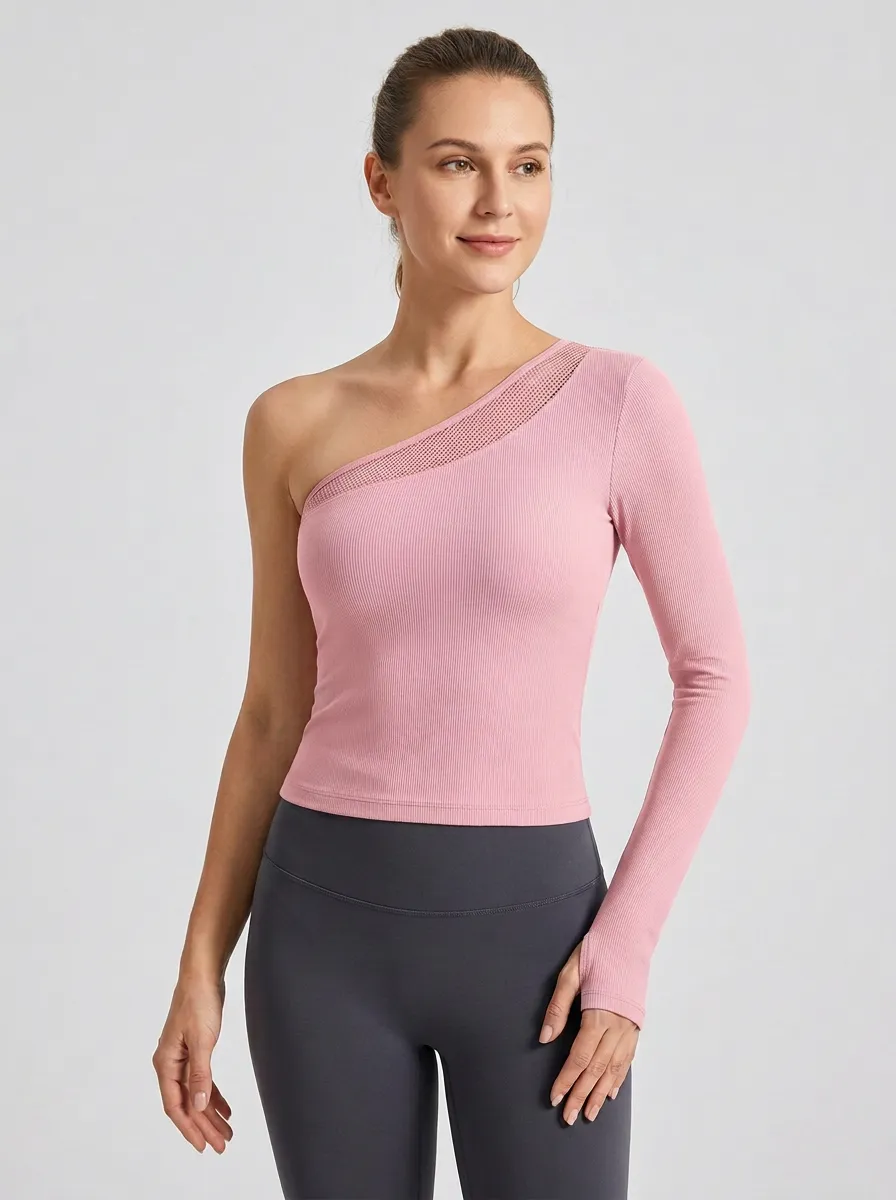 Performance-Inspired One-Shoulder Graphic Print Daily Wear Women's One Shoulder Long Sleeve Yoga Top