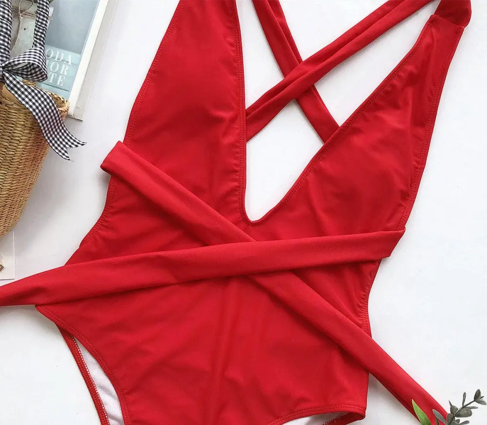 Halter Neck Deep V Tied One Swimsuit