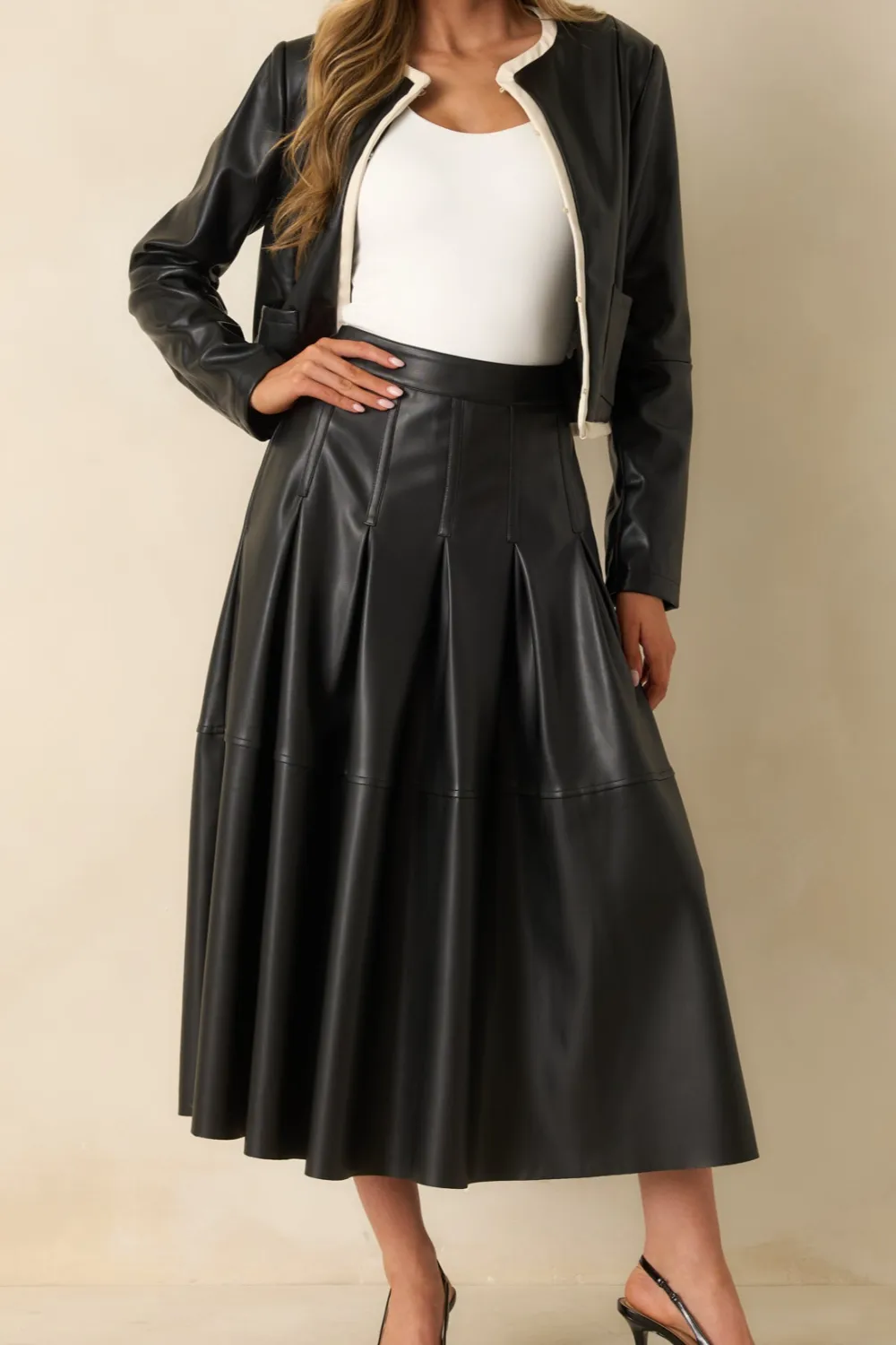 To Perfection Faux Leather Pleated Midi Skirt