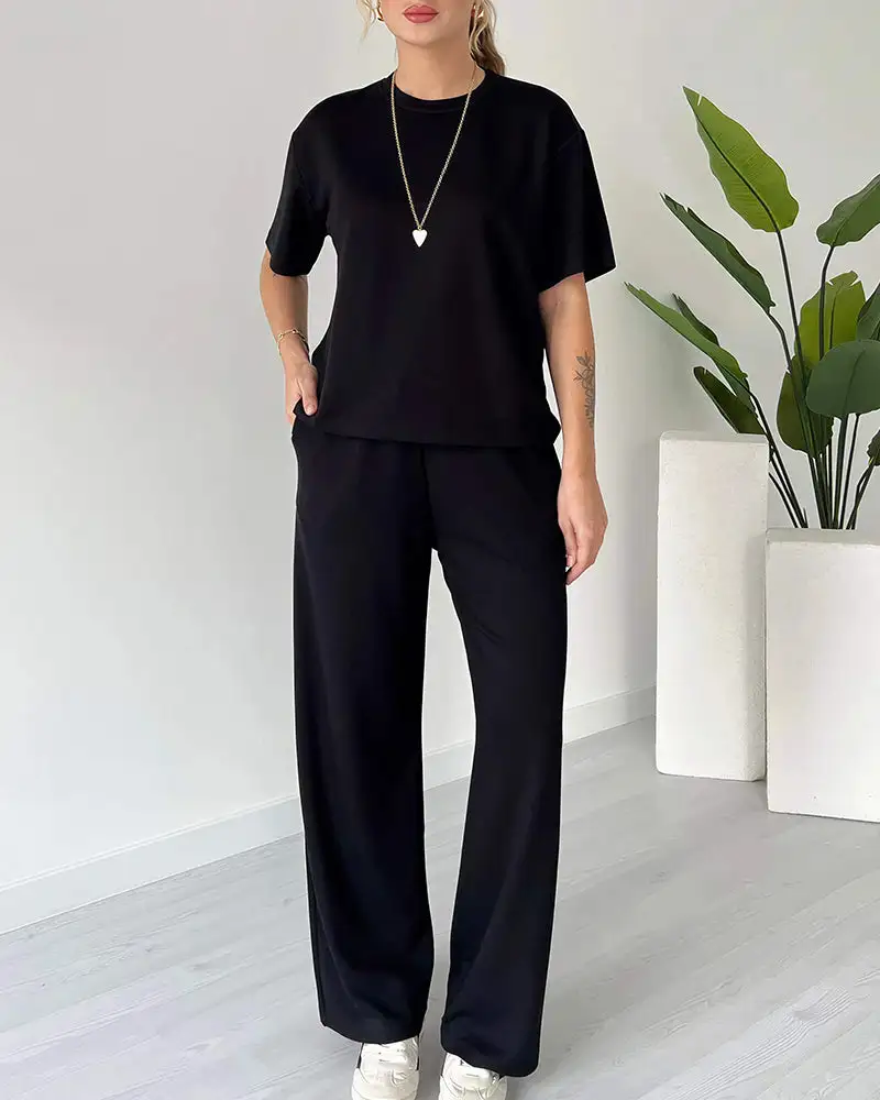 Casual Two-Piece Lounge Set Short Sleeve Top and Wide Leg Pants