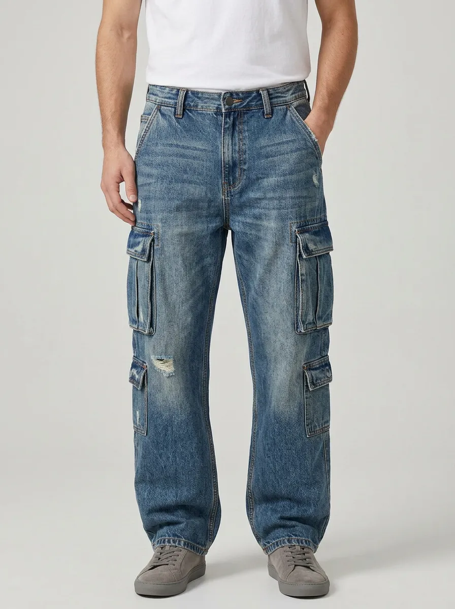 Men's Mid-Blue Multi-Pocket Straight-Leg Denim Cargo Pants