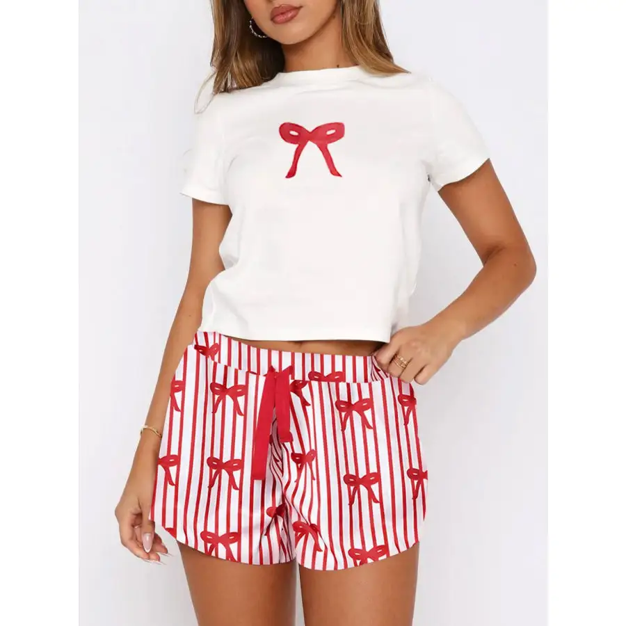 Printed Round Neck Short Sleeve Top and Drawstring Shorts Set