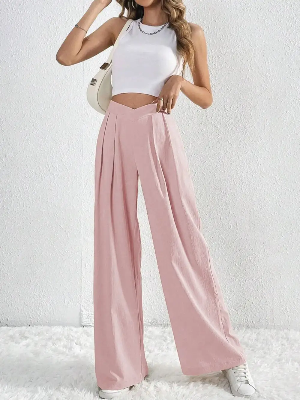 V Waisted Ruched Front Wide Leg Pants