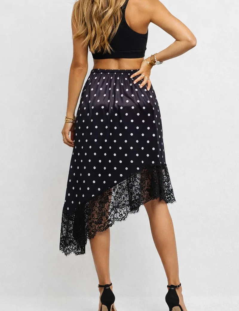 Romantic Polka Dot Satin Irregular Lace Hem Midi Skirt