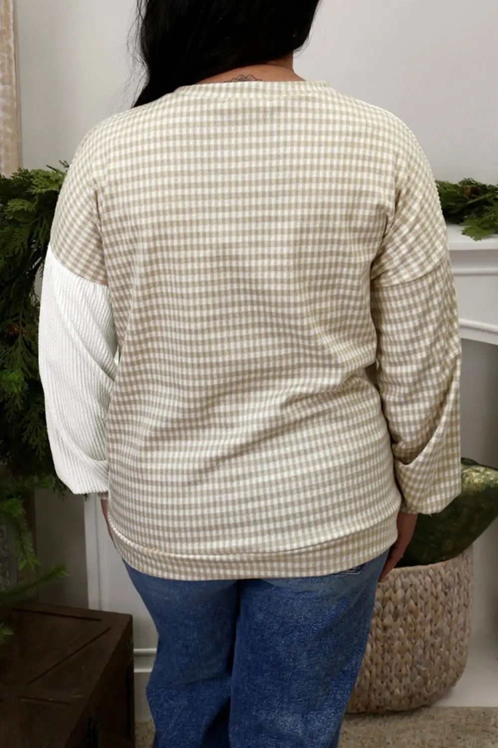 Checkered Print Round Neck Ribbed Viscose Blend Long Sleeve Top