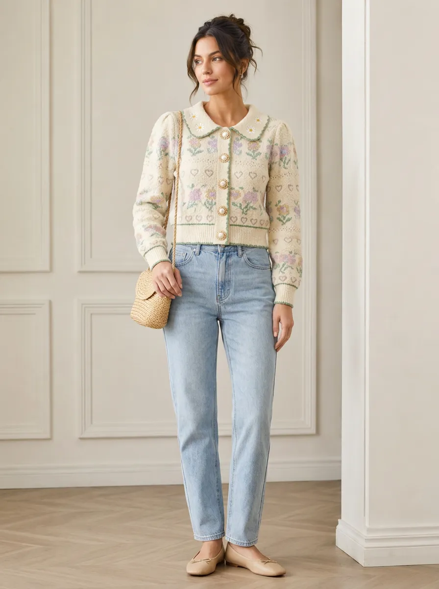 Women's Floral Heart Pattern Embroidered Knit Cardigan