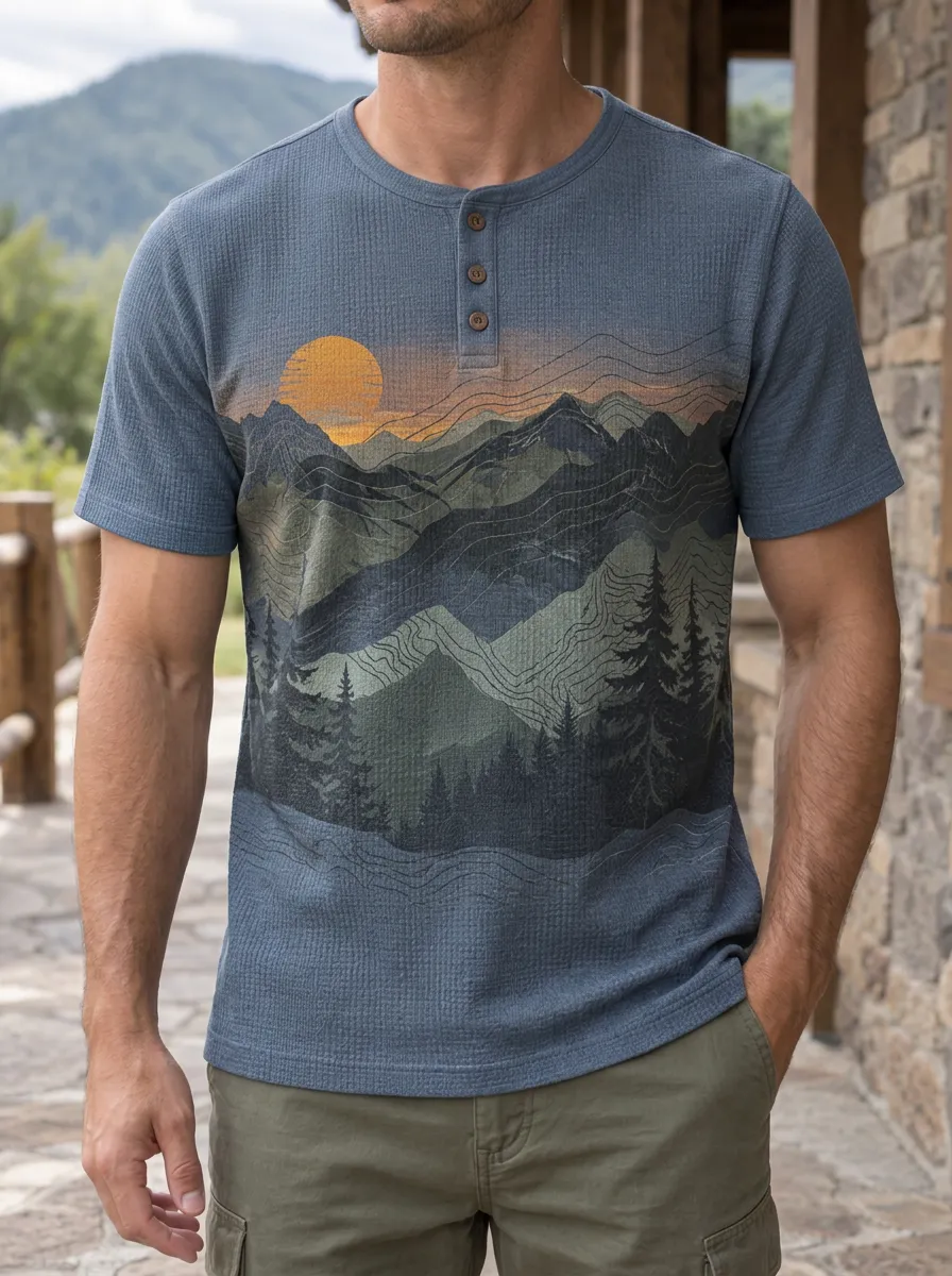 Men's Modern Nature Lover Mountain Sunset Henley T-Shirt