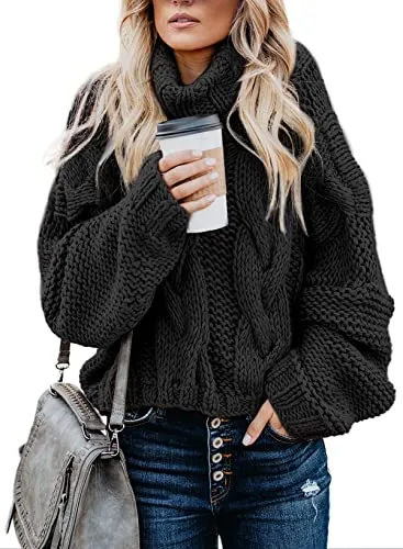 Women's 2025 Turtleneck Balloon Long Sleeve Casual Loose Chunky Cable Knit Pullover Sweater Outerwear