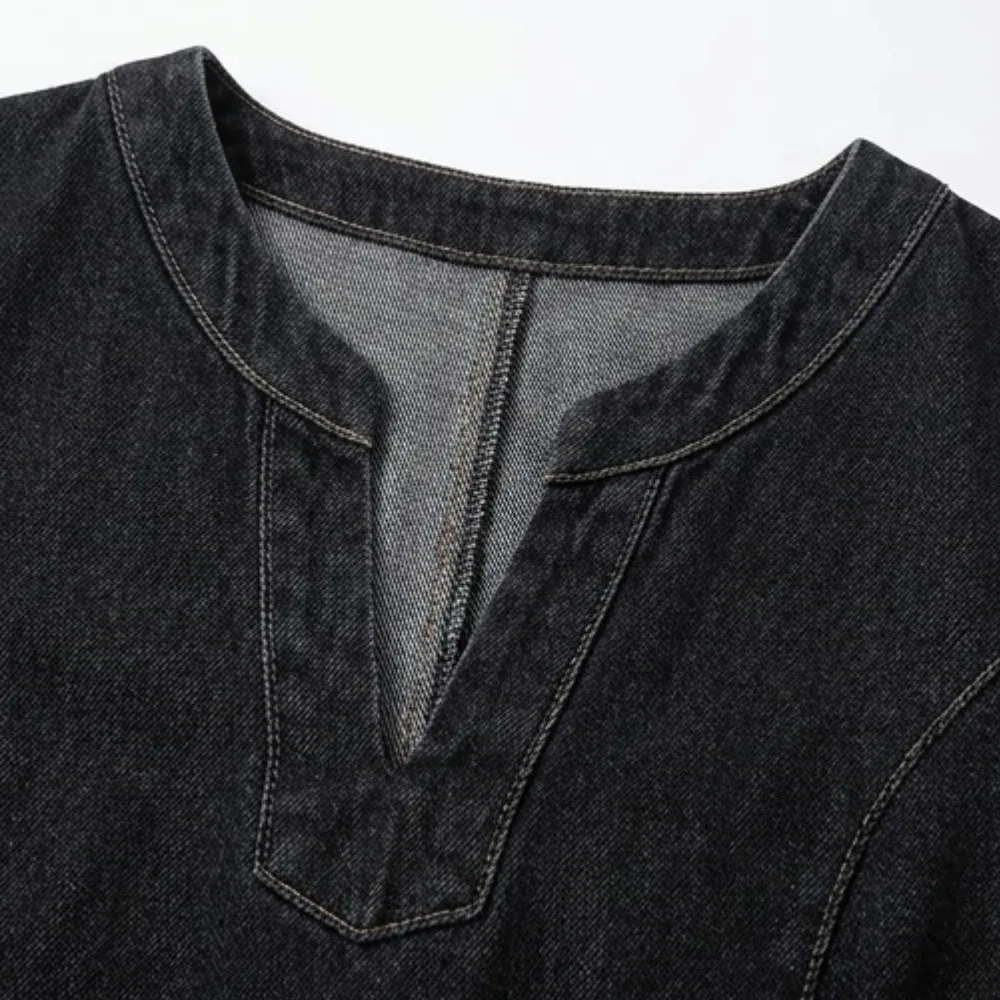 V Neck Pocket Denim Midi Dress