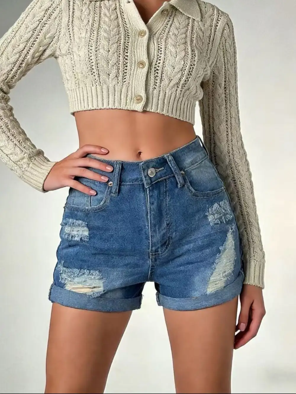 Buttoned Distressed High Waist Pocketed Shorts