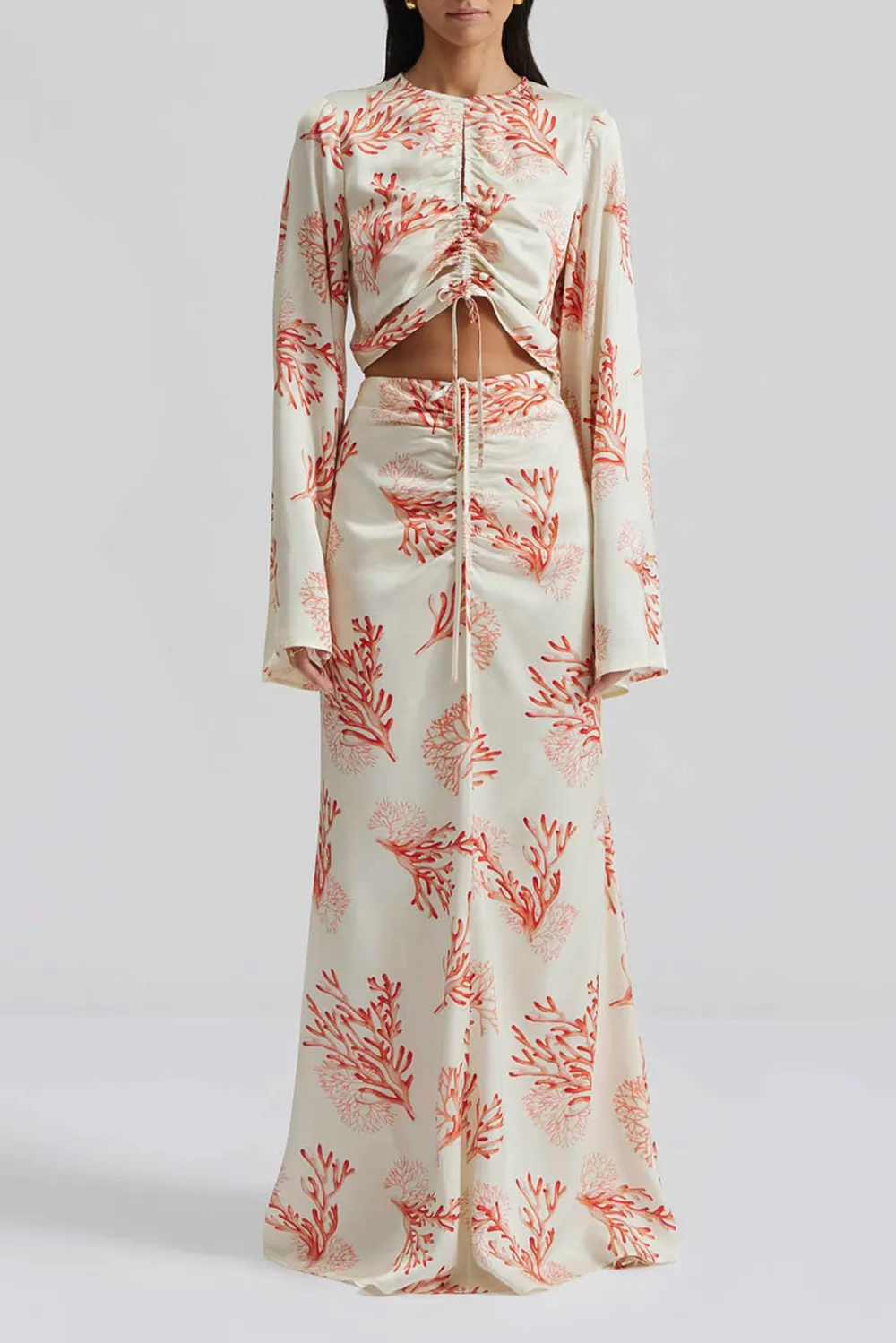 Coral Print Split Sleeve Maxi Skirt