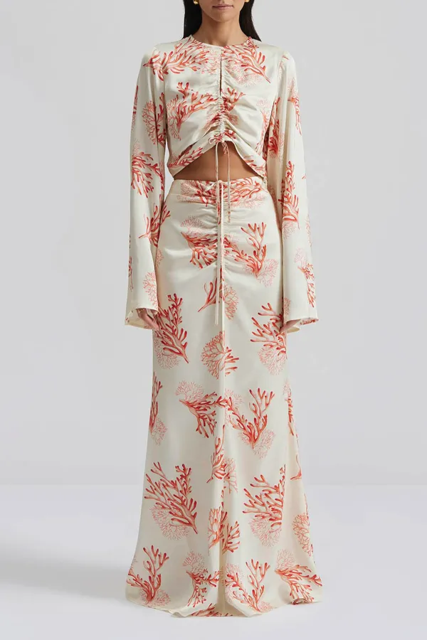 Coral Print Split Sleeve Maxi Skirt