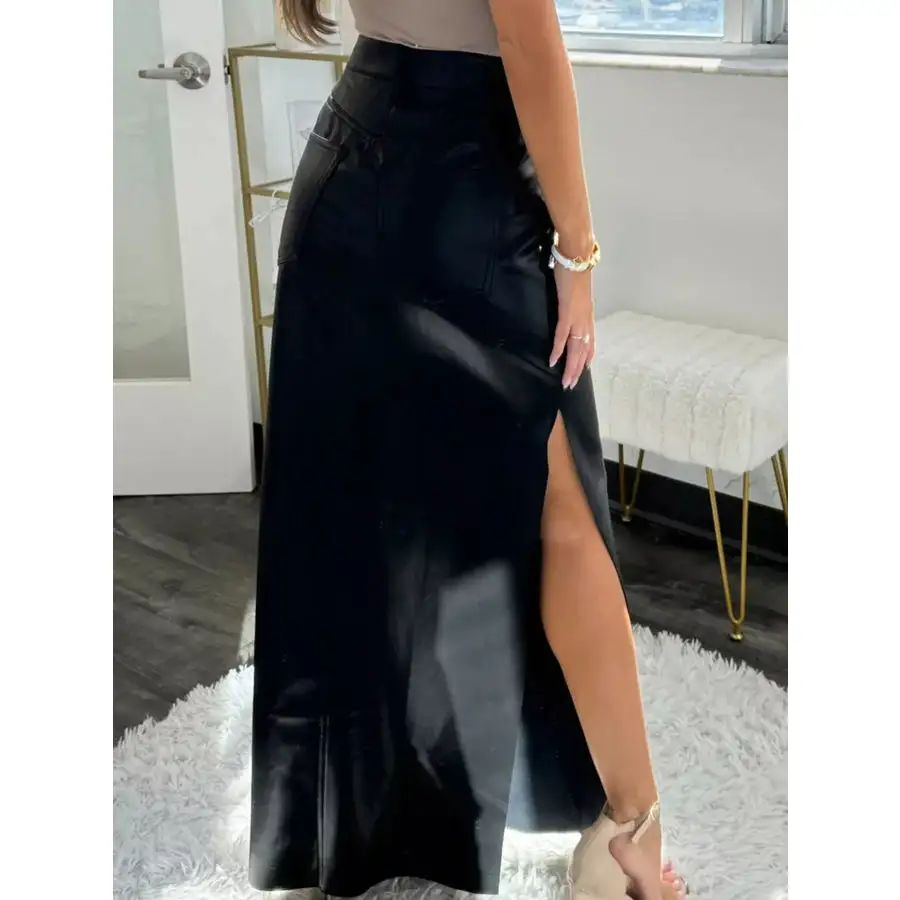 Leather High Waist Side Slit Maxi Skirt