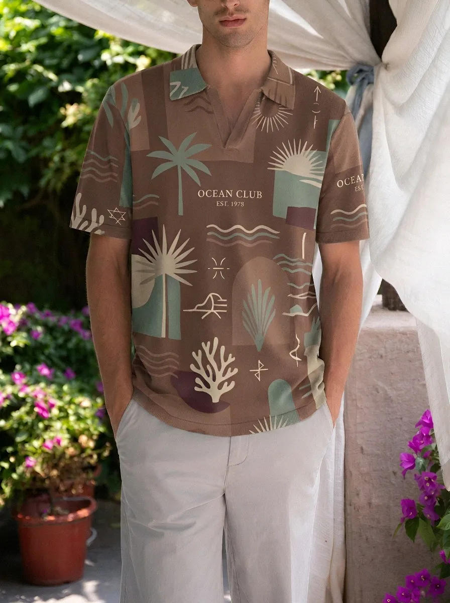 Men's Ocean Club Tropical Palm Printed Polo Shirt