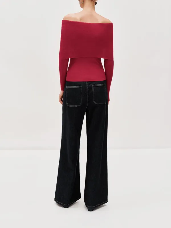 Ladies' Black Retro-Style Wide-Leg Denim Trousers