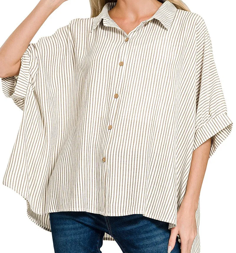 Full Size Woven Stripe Button Down Boxy Shirt Plus Size
