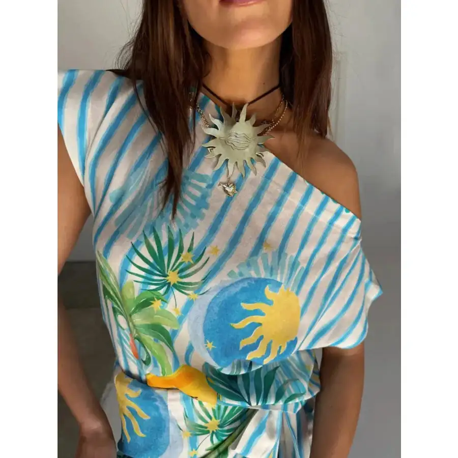 Printed Striped Single Shoulder Top and Skirt Set