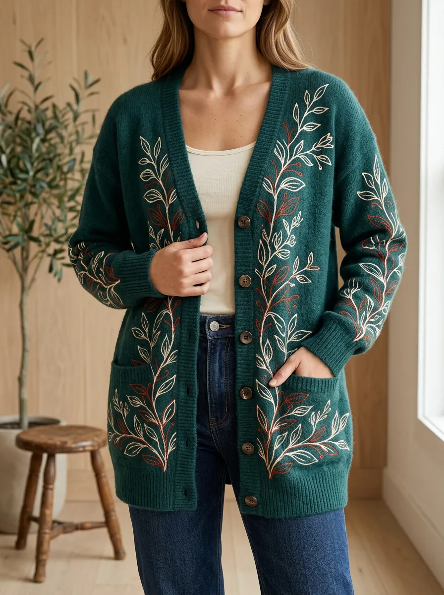 Women's Botanical Nature Lover Floral Embroidered Printed Button Front Casual Layering Cardigan