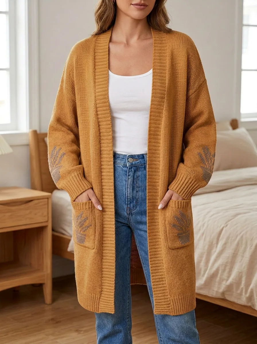 Women's Plant Potted Plant Pattern Print Knit Long Cardigan