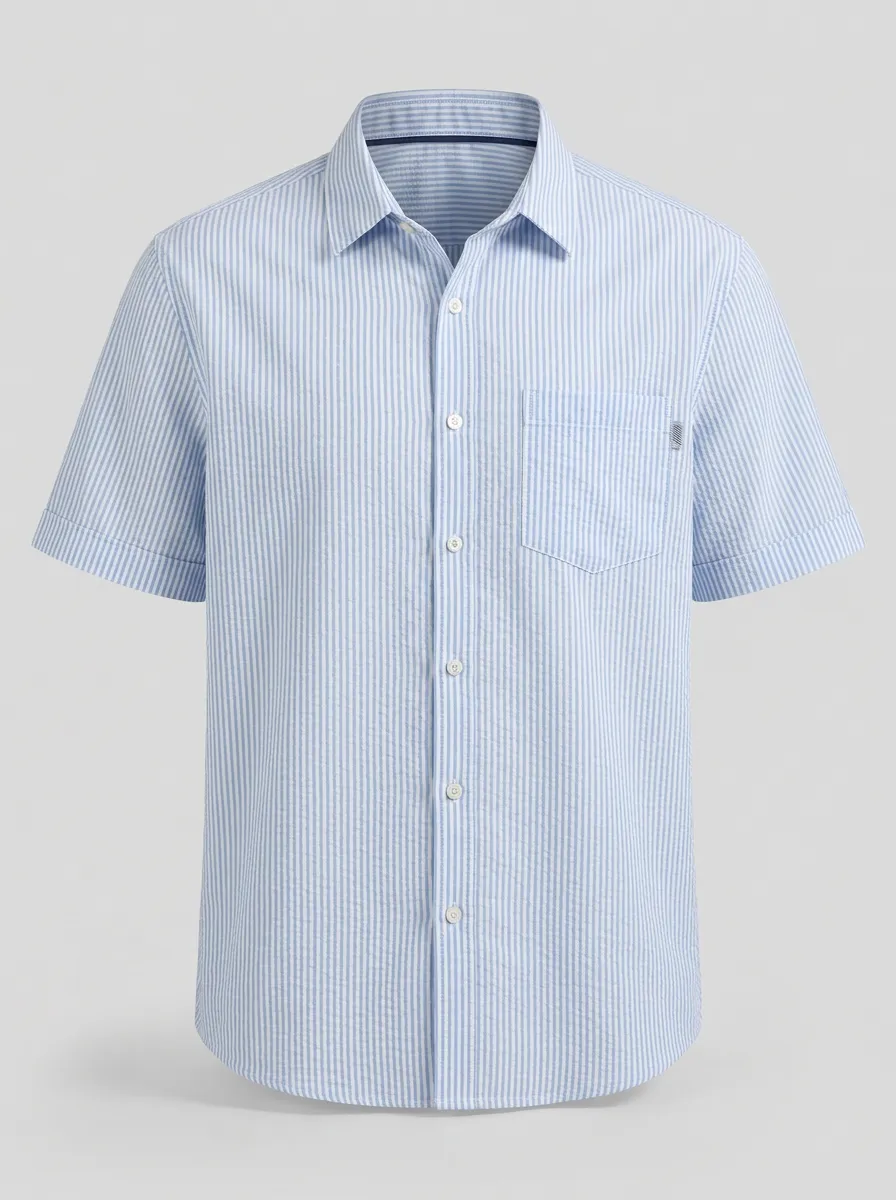 Men's Casual Summer Blue Striped Seersucker Printed Shirt