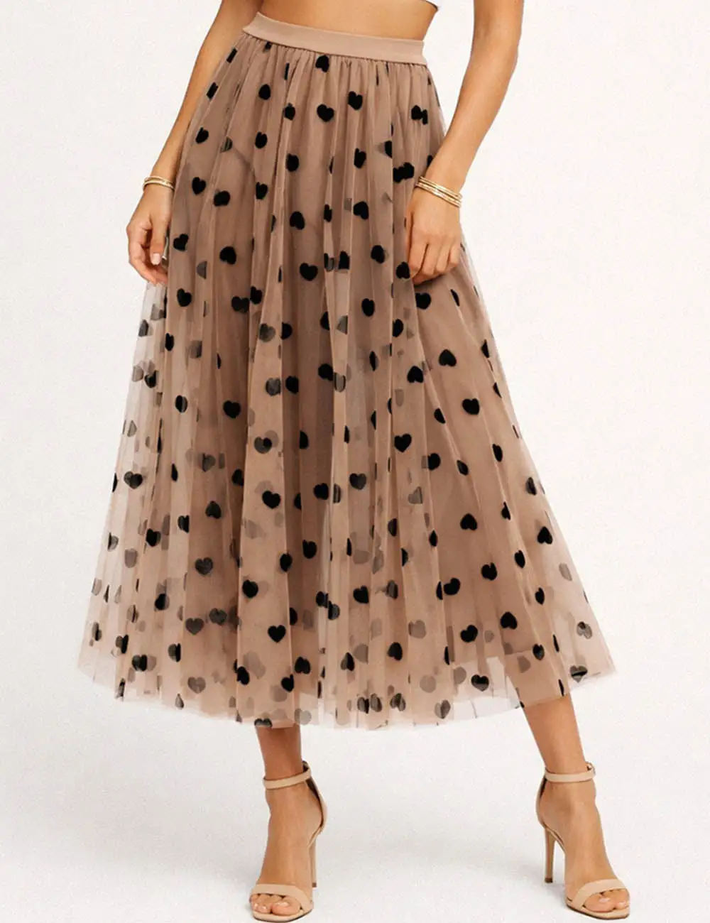 Romantic Heart Elastic Waist Mesh Midi Skirt