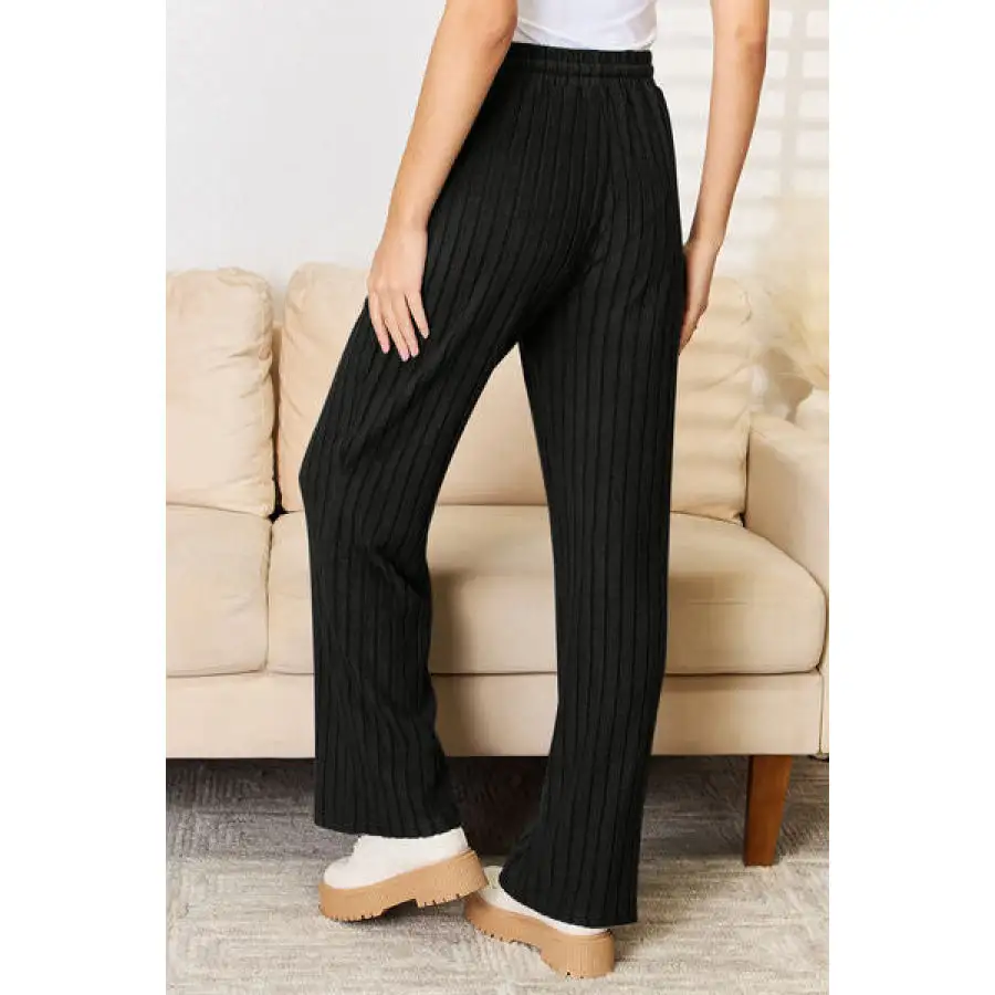 Basic Ribbed Drawstring Hood Top and Straight Pants Set