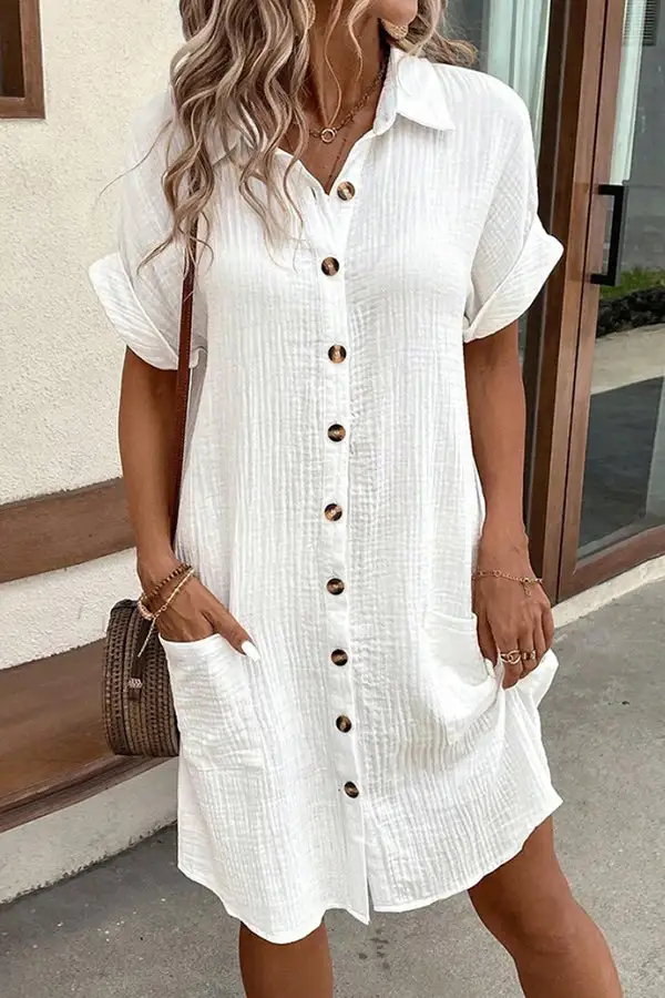 Button Solid Color Mini Dress