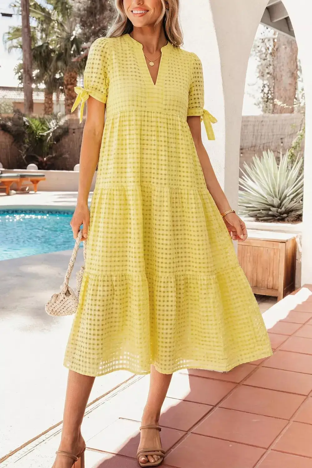 Plaid Tiered Short Sleeve Midi Dress