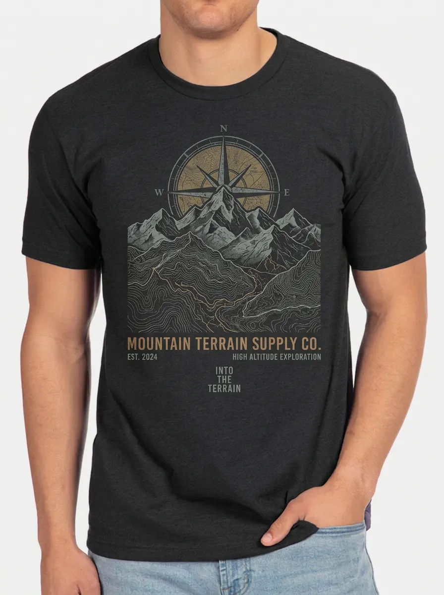 Men's Outdoor Adventure Compass Mountain Printed T-shirt