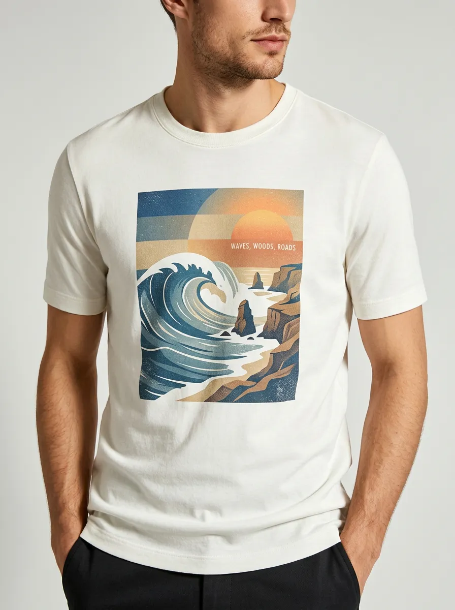 Men's Crewneck Waypoint Trail Nature Adventure Ocean Wave Sunset Graphic T-Shirt