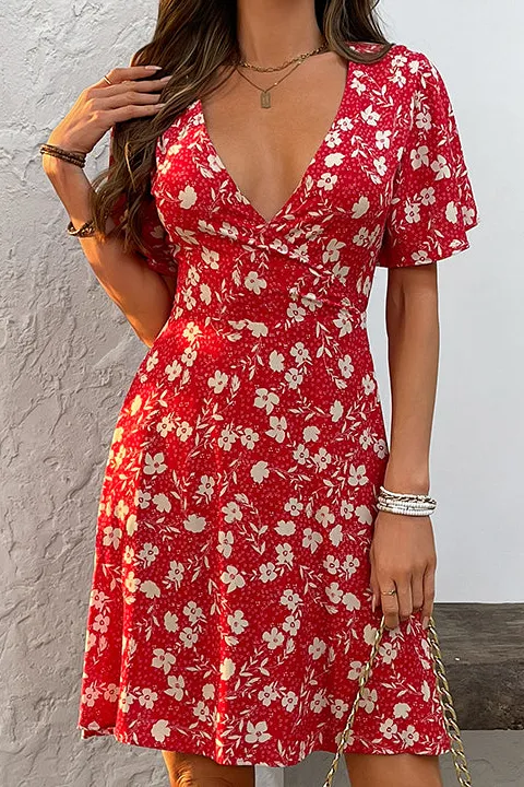 Floral Print V Neck Mini Dress