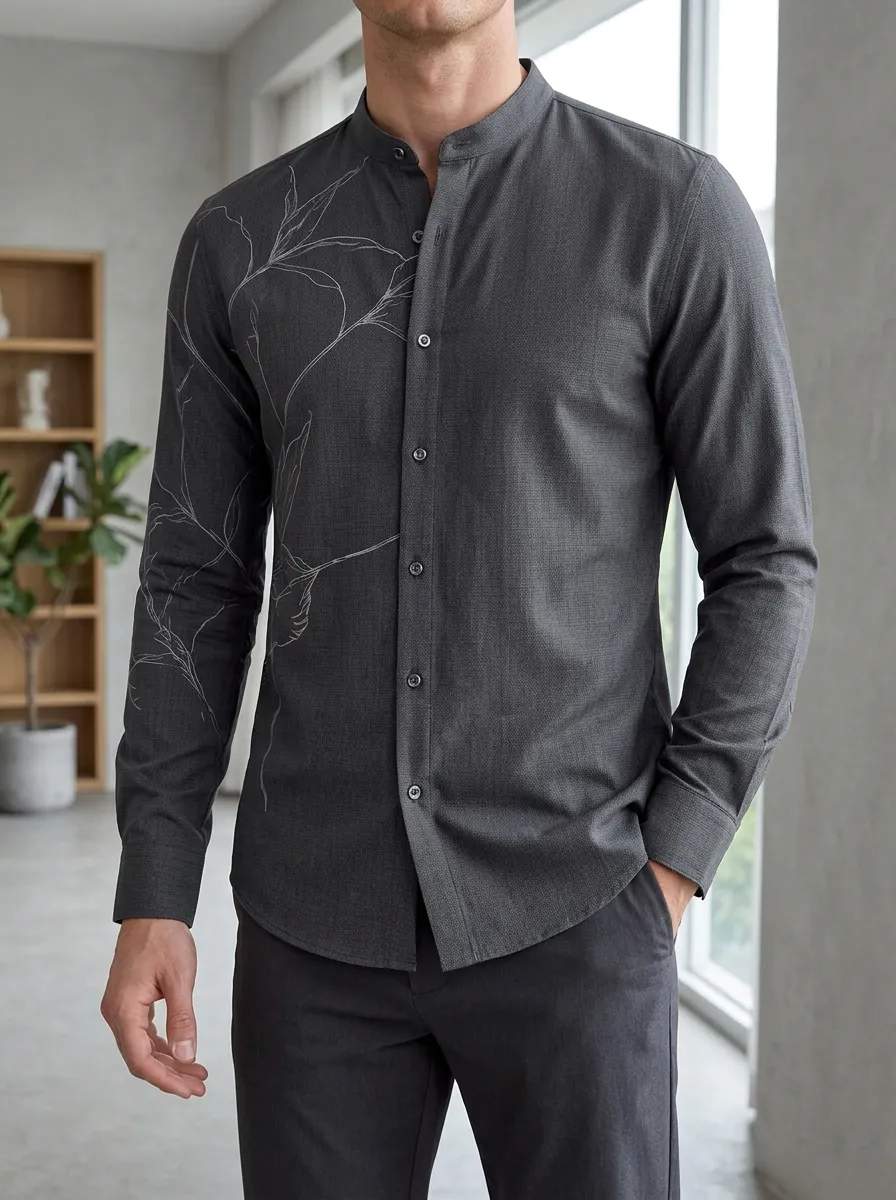 Men's Minimalist Botanical Line Art Printed Slim Fit Shirt