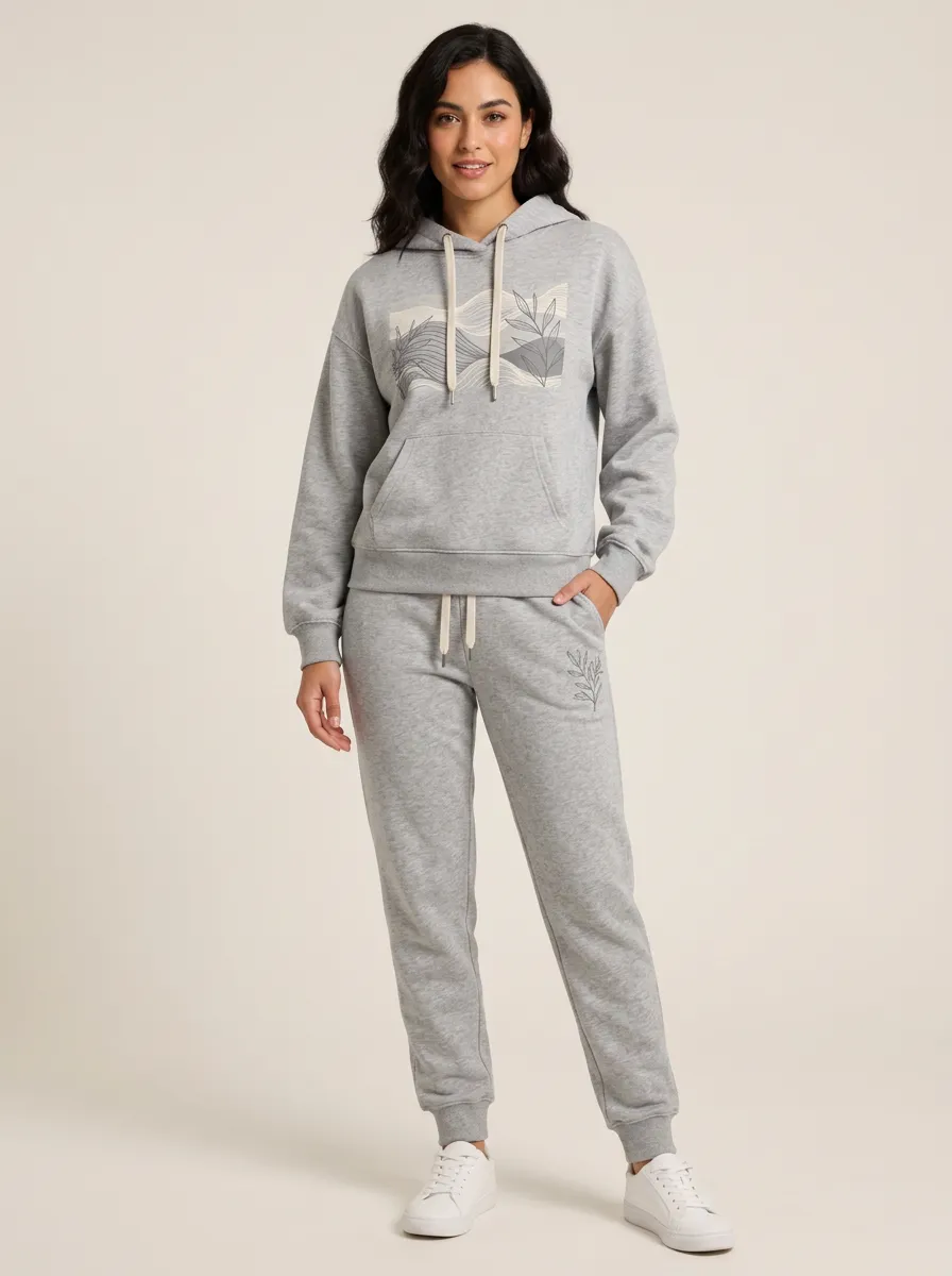 Women's Heather Grey Relaxed Fit Solid Hoodie & Jogger Pants Set