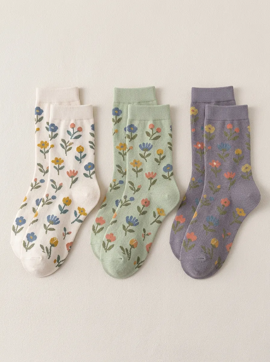 Women's Fine Gauge Floral Ribbed Crew Socks Three Pair Set