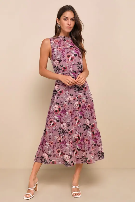 In My Dreams Mauve Floral Print Midi Dress