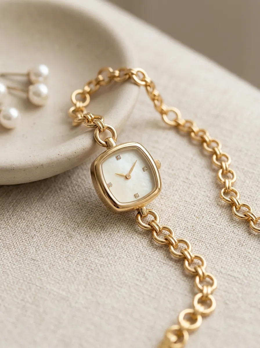 Gold-tone Chain Link Mother-of-pearl Watch