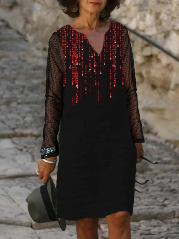 Printed V-neck Lace Splicing Dress